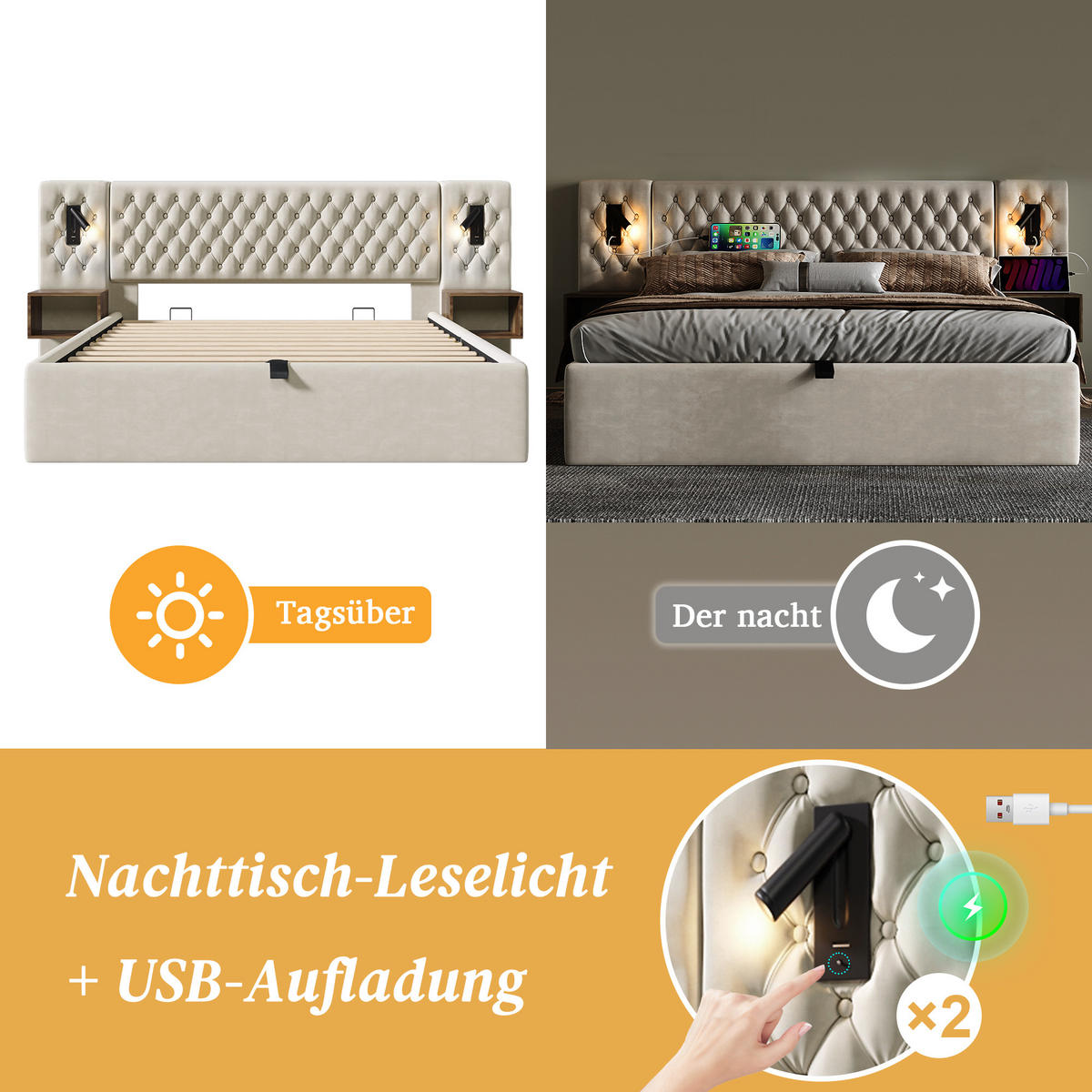DOPPELBETT Beige 261/210/105 cm - Beige, Holzwerkstoff/Textil (180/200cm) - Urban Meuble