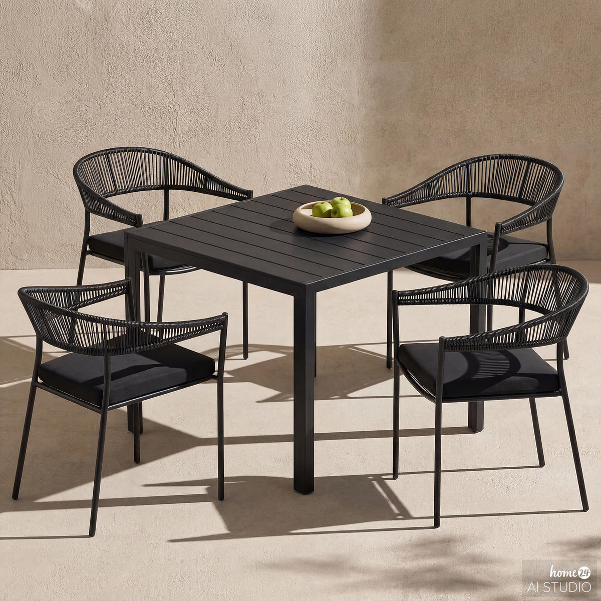 GARTENESSGRUPPE - 5-teilig - Stahl / Polyrattan - Schwarz - Schwarz, Kunststoff/Textil - home24