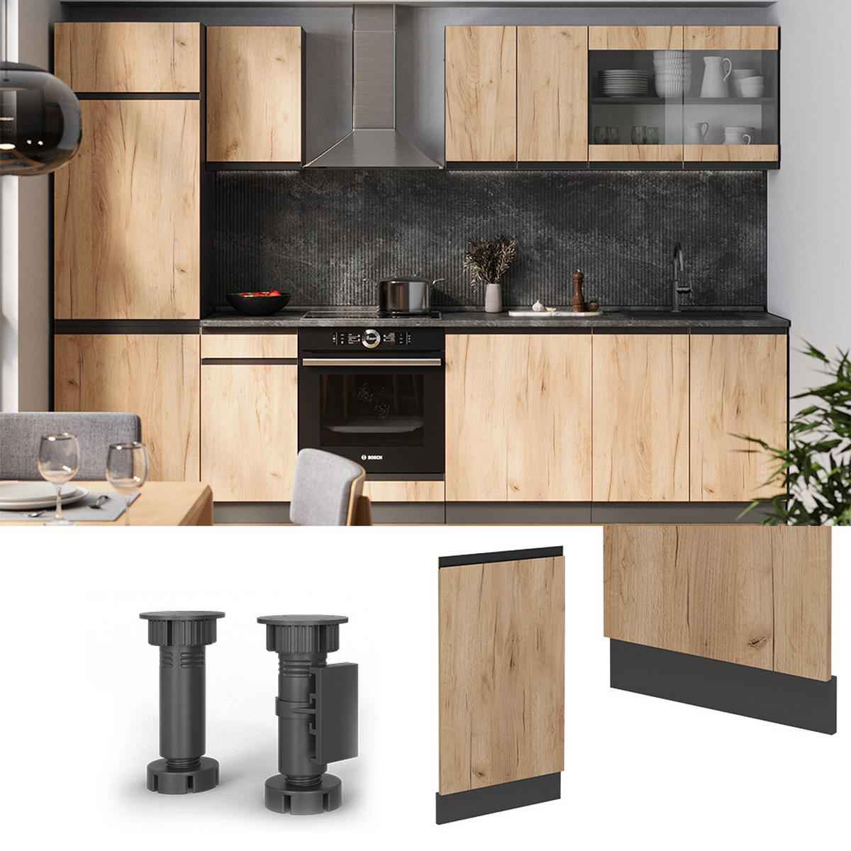 ČELNÍ PANEL MYČKY R-Line Zlatý mocný dub - medově dubová/antracitová, kompozitní dřevo (45/81.8/1.6cm) - Vicco