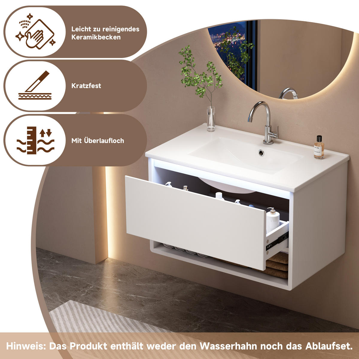 WASCHTISCHUNTERSCHRANK 76,5×46×45 cm, weiß, wandhängend, lackiert, mit LED-Bewegungssensor, 1 Schublade, offenem Fach, leisen Schienen, Waschbecken - Weiß, Holzwerkstoff (46/45/76cm) - Ej. Life