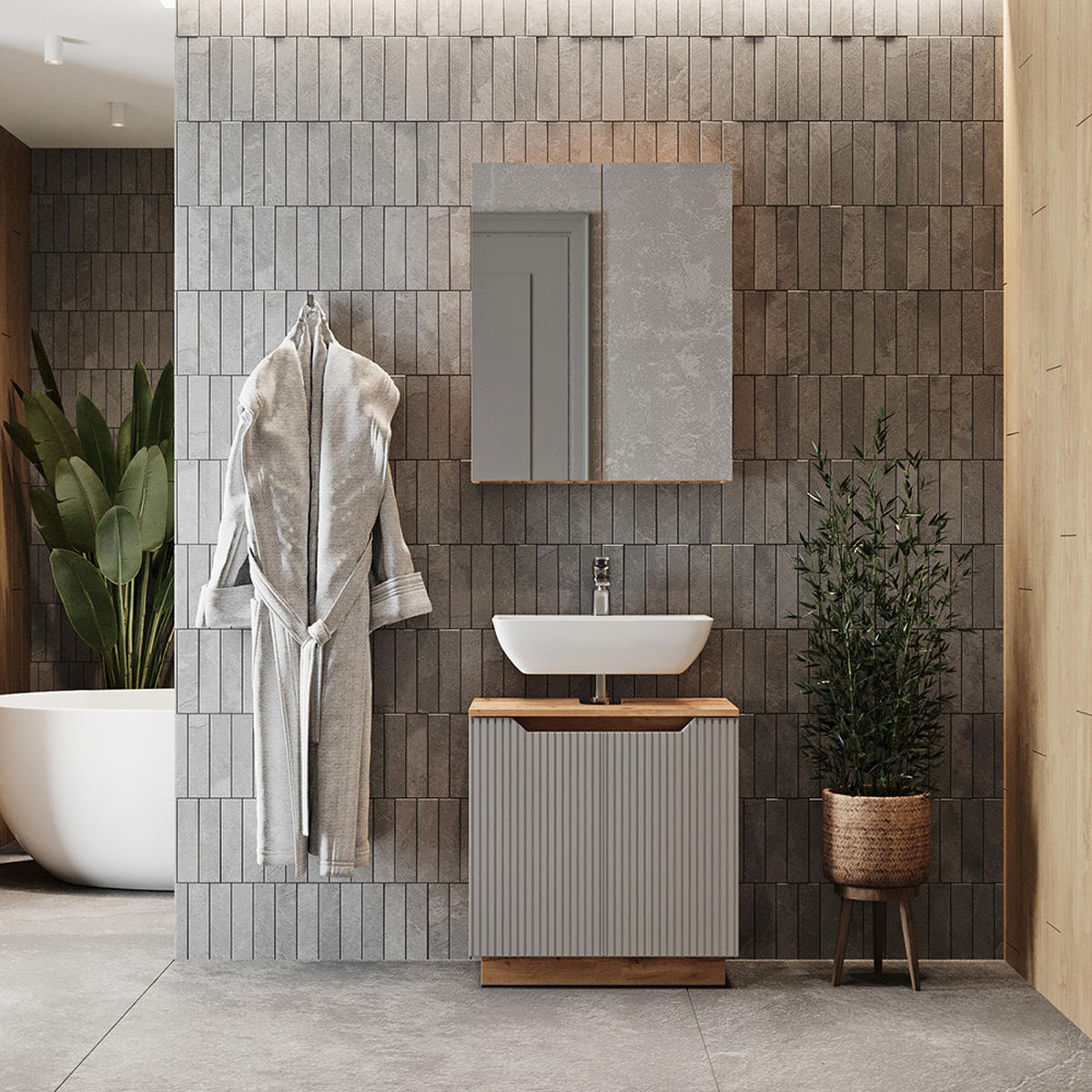 BADMÖBEL-SET Lotta Eiche/grau gestreift 2 Teile - Eichefarben/Grau, Holzwerkstoff (59.8/62.1/32cm) - Vicco