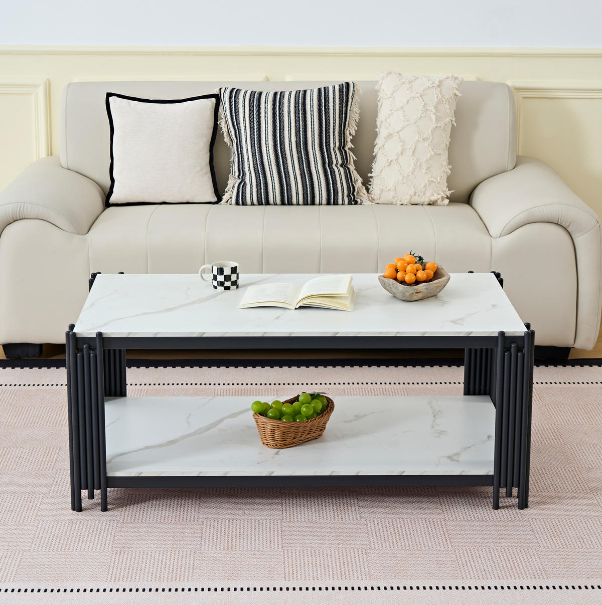 COUCHTISCH mit 2 Ablagen Marmoroptik Weiß-Schwarz - Weiß, Metall (114/64/46cm) - Meubliv