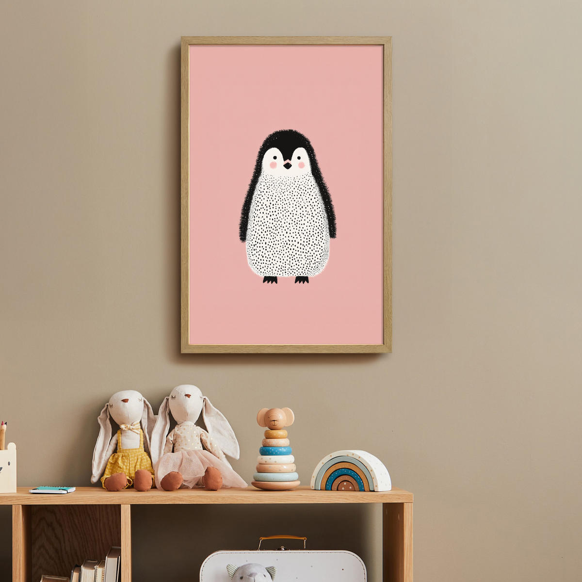 DOBÍJECÍ NOČNÍ LAMPIČKA Tučňák - Tečky - Minimalistický - Růžový 40x60 cm - růžová, kompozitní dřevo (8/40/60cm) - OnlyWow
