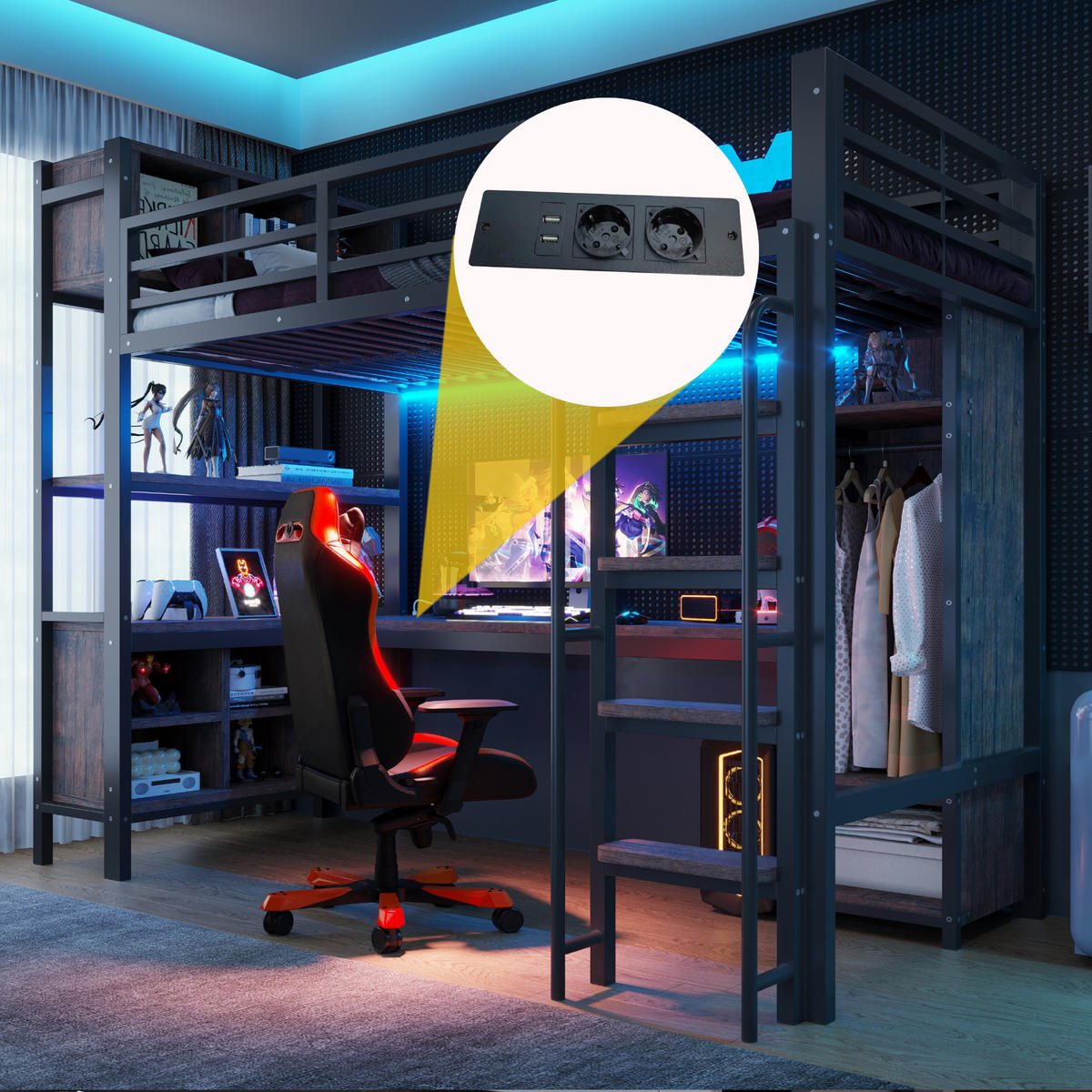 HOCHBETT 90/200 cm in Schwarz mit Schreibtisch, Kleiderschrank, Ablagefächern, LED und Steckdosen Metallbett - Schwarz, Holzwerkstoff/Metall (90/200cm) - STILVORA