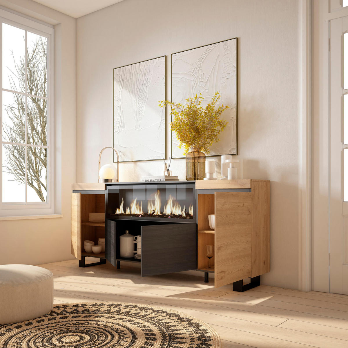 SIDEBOARD Highboard, Elektrokamin XXL, eiche, schwarz, 208/35/87cm - Eichefarben/Beige, Holzwerkstoff (208/87/35cm) - Skraut Home