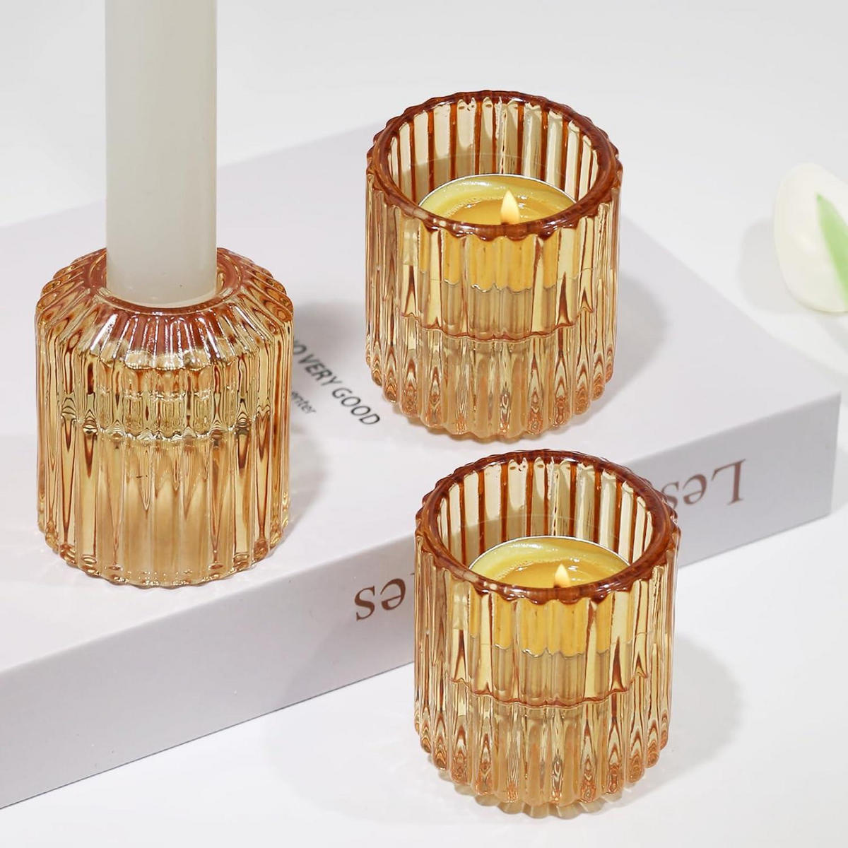 KERZENSTÄNDER Glas Bernstein 3er Set - Goldfarben, Glas (5.3/6/5.3cm)