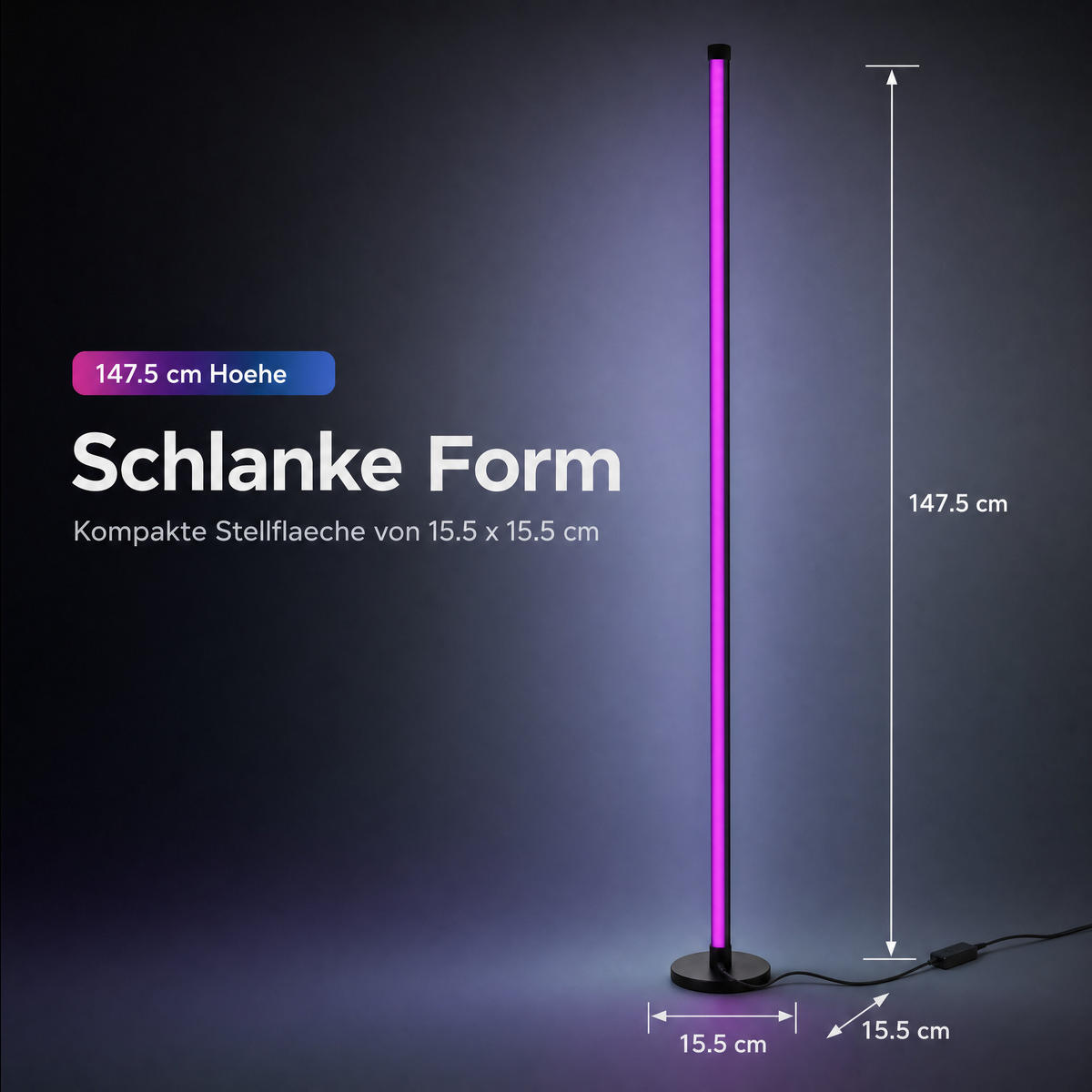 LED-ECKLAMPE - mit Fernbedienung und integriertem Musiksensor für RGB Farbeffekte in Schwarz - Schwarz, Kunststoff (15.5/15.5/147.5cm) - Northpoint