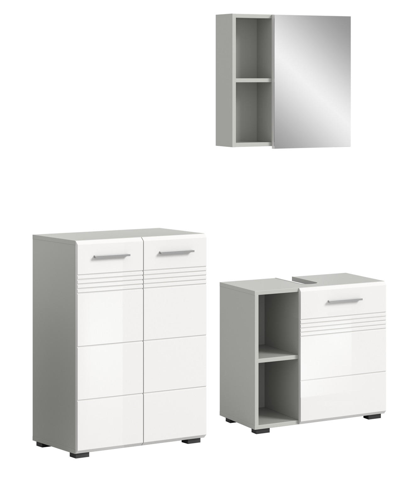 BADMÖBEL-SET 3-teilig weiß Hochglanz, grau 135 cm, Komplettset mit Soft-Close - Weiß Hochglanz/Grau, Glas/Holzwerkstoff (135/190/32cm) - Inn.Furn