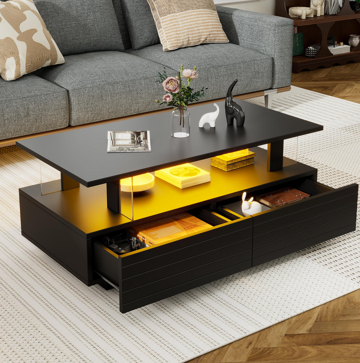 KONFERENČNÍ stolek z akrylu, 100/50/42 cm černý, s LED osvětlením a zásuvkami - černá, kompozitní dřevo (100/50/42.5cm) - BEAOK