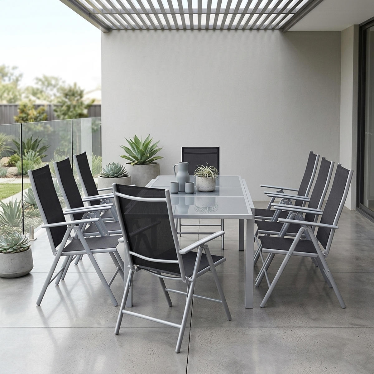 GARTEN-GARNITUR Ashford - 9-teilige Garten-Essgruppe (8x Klappsessel mit Aluminiumgestell grau, Bespannung Textilene schwarz - Schwarz, Metall - TPFGarden