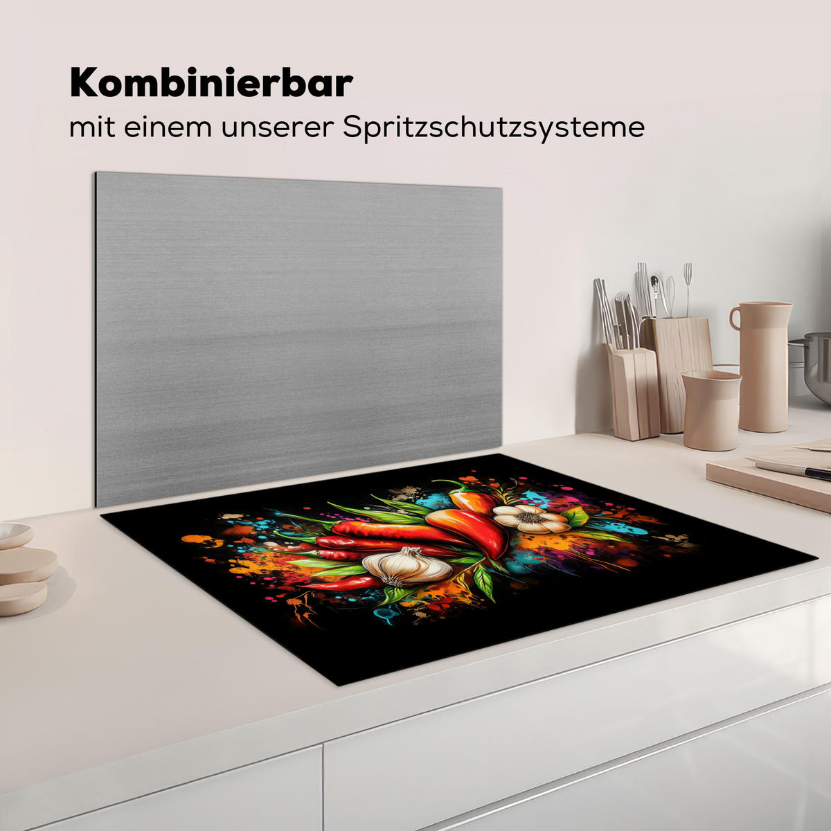 HERDABDECKPLATTE Gemüse - Paprika - Knoblauch - Graffiti - Farbe - Bunt Induktionsmatte 77x59 cm - Rot, Kunststoff (77/59/0.2cm) - MuchoWow