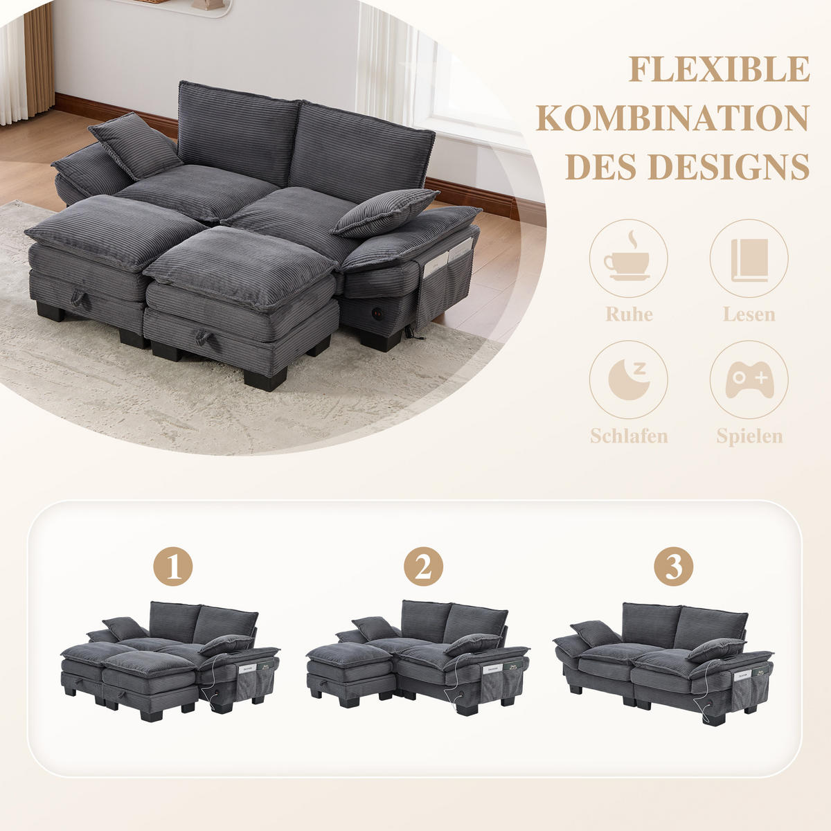 2-SITZER SOFA Cord Dunkelgrau mit 2 Hocker, USB-C und Seitentaschen - Dunkelgrau, Holzwerkstoff/Kunststoff (190/84/132cm) - WISHDOR