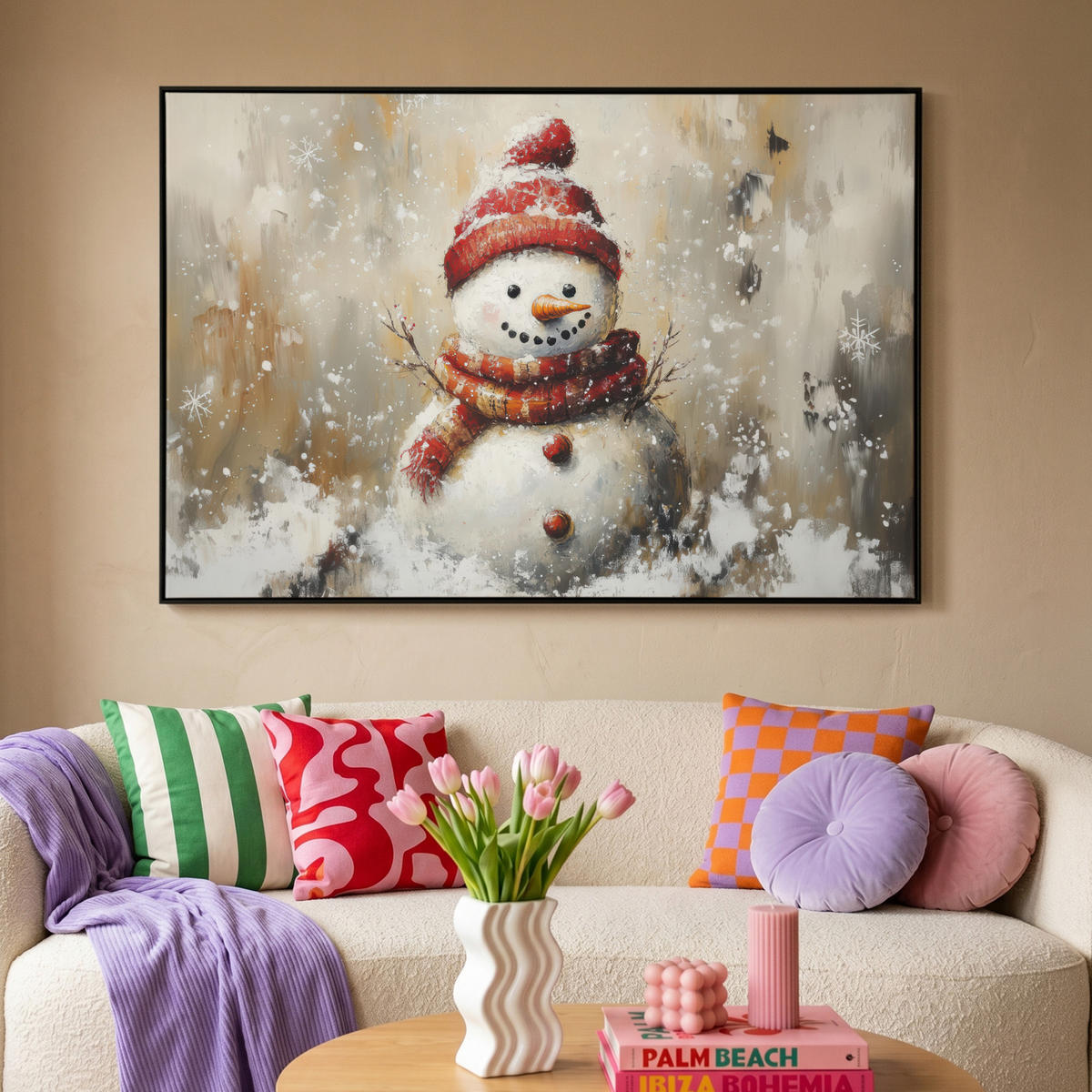 LEINWAND Bilder mit Rahmen - Schneemann - Winter - Schnee - Beige - 140x90 - Weiß, Textil (140/90cm) - MuchoWow