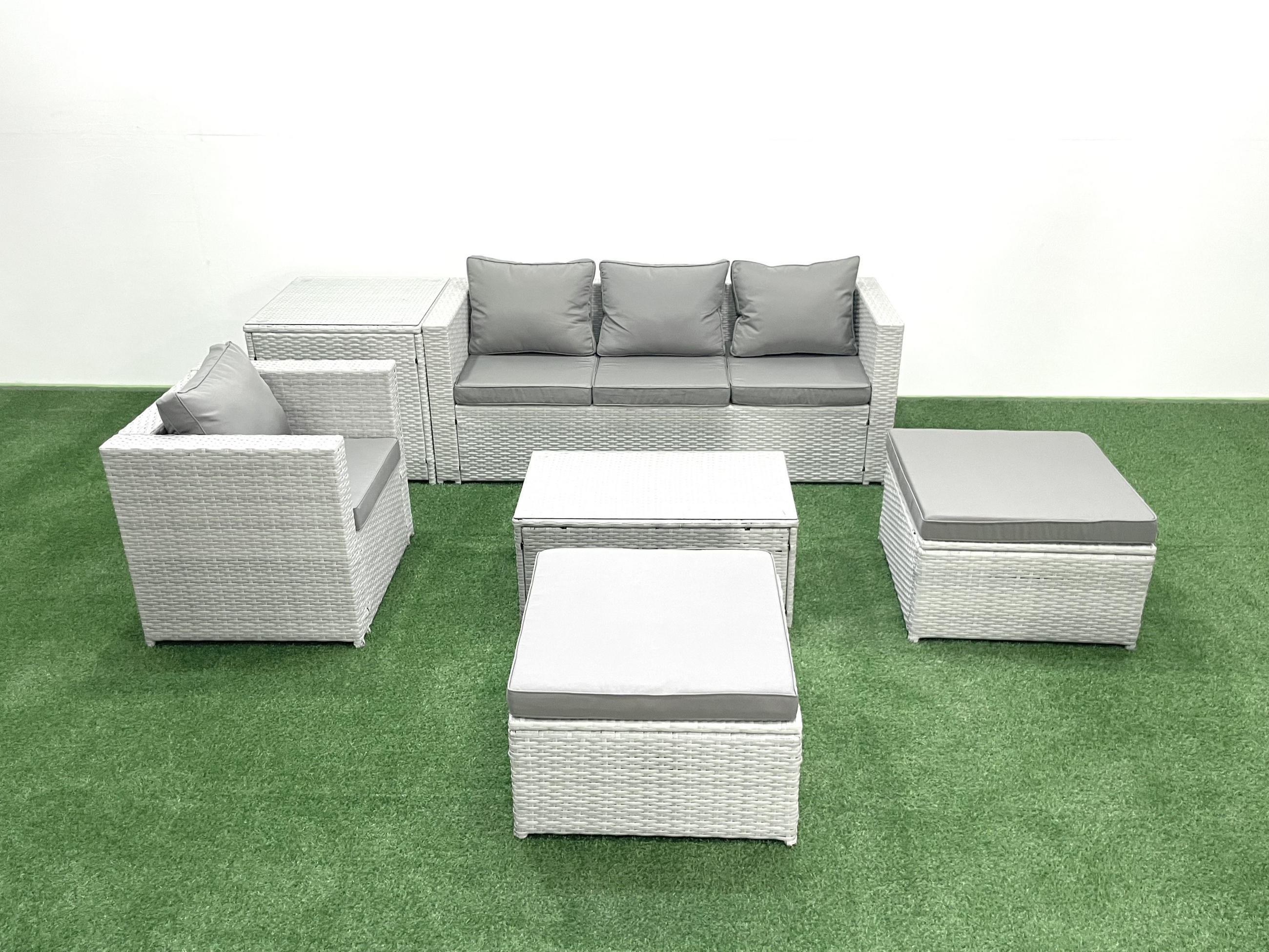 GARTENSET mit 3-SITZER SOFA,COUCHTISCH Polyrattan Hellgrau-Mix 6-Sitzer - Hellgrau/Grau, Glas/Kunststoff - Fimous