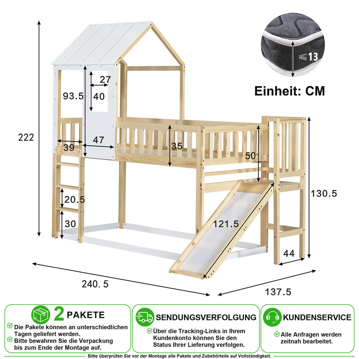 ETAGENBETT 90/200 cm in Natur+Weiß mit Rutsche, Dach, Fenster und Leiter - Weiß/Naturfarben, Holz/Holzwerkstoff (90/200cm) - CHICFURN