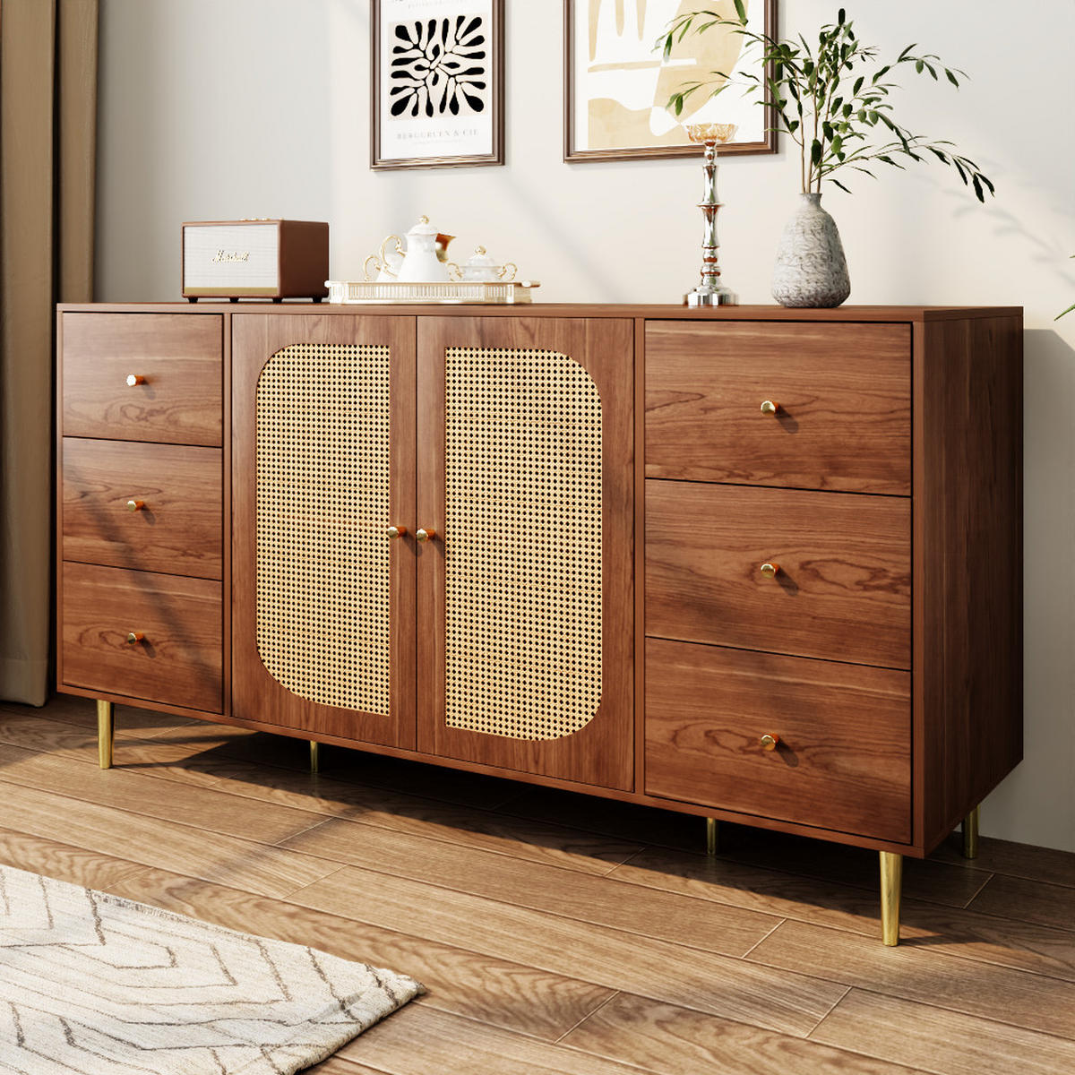 SIDEBOARD 160/40/90 cm, 6 Schubladen und Rattantüren, MDF in Wood-Optik, Naturfarben - Naturfarben, Holzwerkstoff (160/90/40cm) - Redom