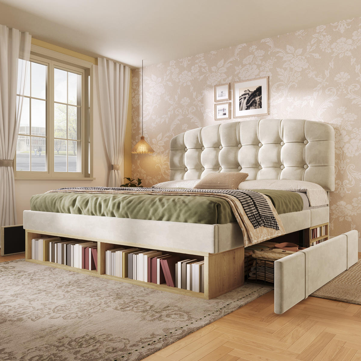POLSTERBETT 140/200 cm in Beige mit Schubladen, Regal und Lattenrost Samt - Beige, Holzwerkstoff/Textil (140/200cm) - STILVORA