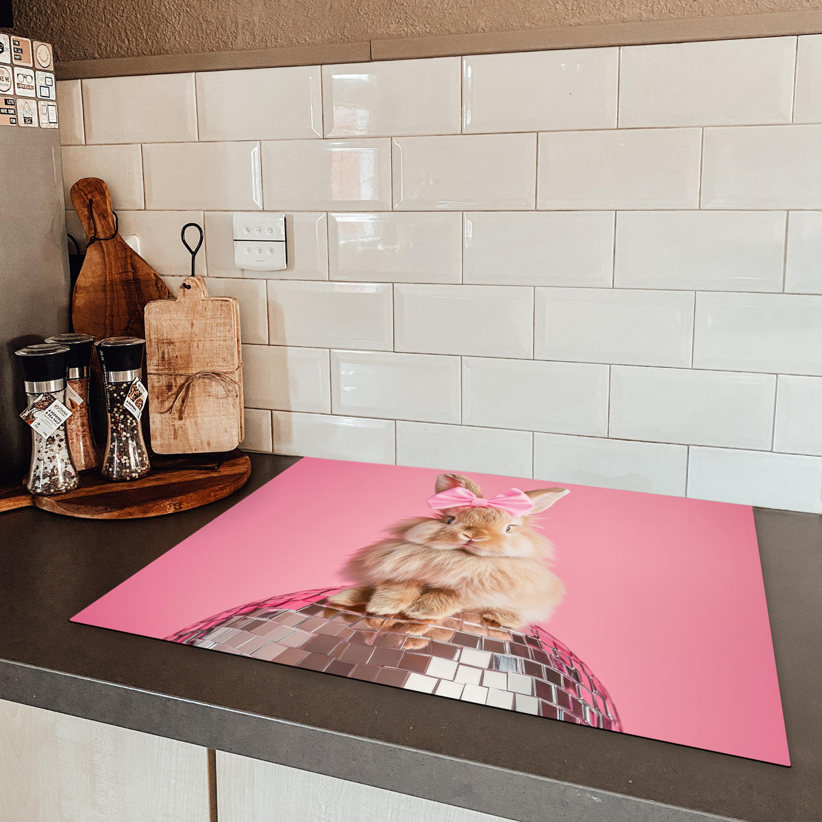 HERDABDECKPLATTE Schleife - Discoball - Kaninchen Induktionsmatte 71x52 cm - Pink, Kunststoff (71/52/0.2cm) - MuchoWow