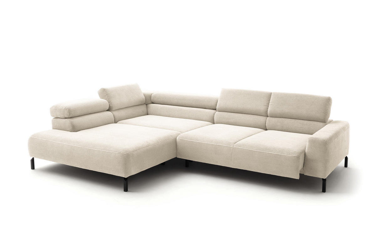 ECKSOFA MIT MOTORISCHEM SITZVORZUG DELIA Cremeweiß Cord - Creme/Schwarz, Textil/Metall (312/219cm) - KAWOLA