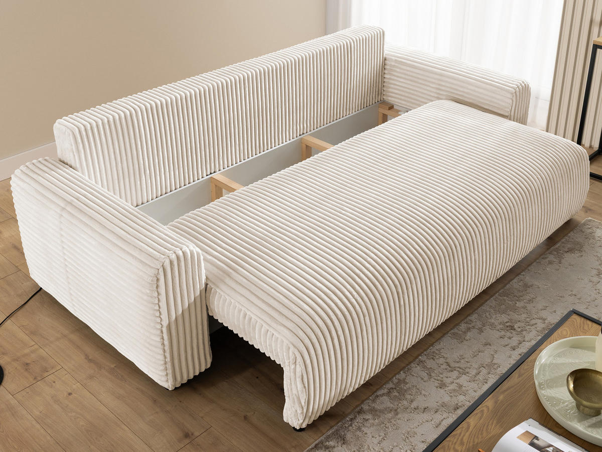 SCHLAFSOFA Calma mit Bettkasten im Bumpy-Design aus weichem Creme Plüschcord - Creme/Schwarz, Holz/Kunststoff (239/88/98cm) - S-Style