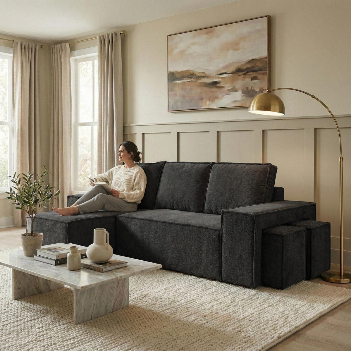 ECKSCHLAFSOFA Colby mit Schlaffunktion und zwei Hockern, universeller Ottomane, Anthrazit - Anthrazit, Textil (265/155cm) - Beautysofa