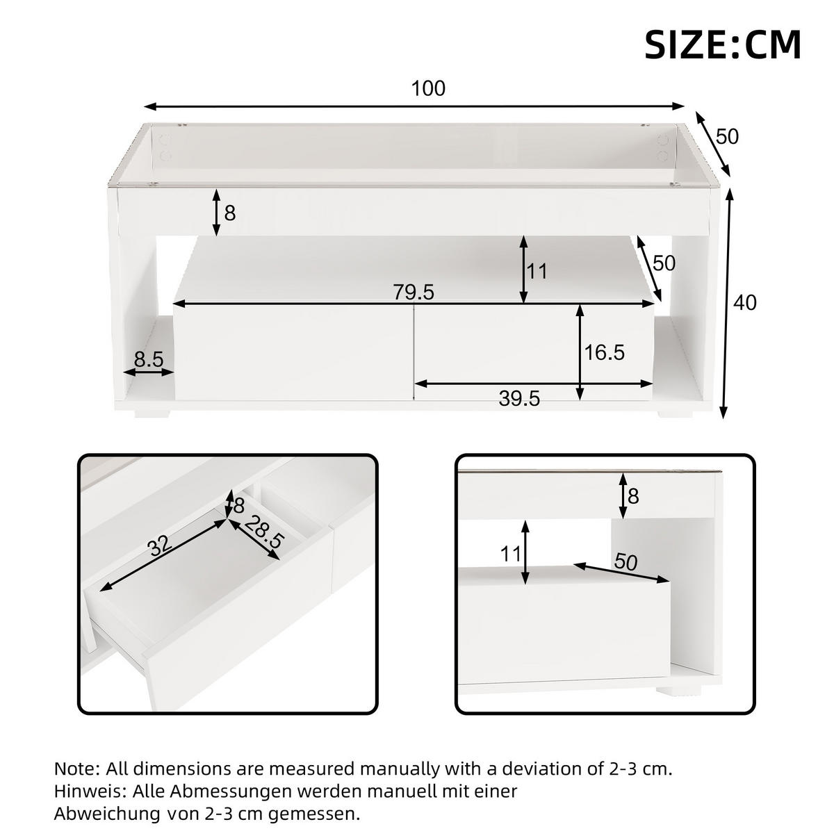 KONFERENČNÍ stolek 100/50/40 cm bílý z dřevotřísky a tvrzeného skla s LED a 2 zásuvkami - bílá, kompozitní dřevo (100/50/40cm) - OKWISH