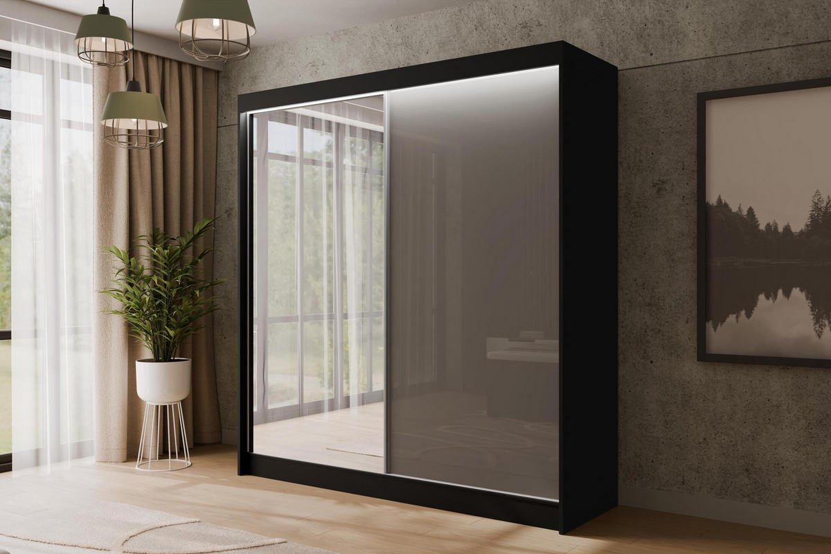 KLEIDERSCHRANK VESLI mit LED - 200 cm - Schwarz|Grau - Schwarz/Grau, Holzwerkstoff (200/215/61cm) - ALTDECOR