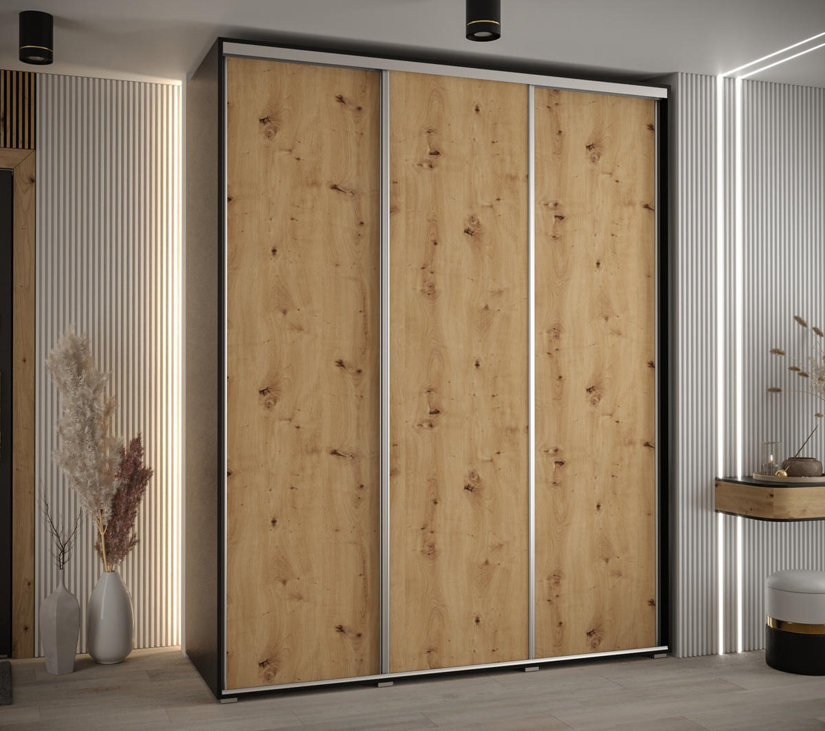 SCHWEBETÜRENSCHRANK 235,2/200/45 3-türig - Silberfarben/Schwarz, Holz/Metall (200/235/45cm) - Abiks Möbel