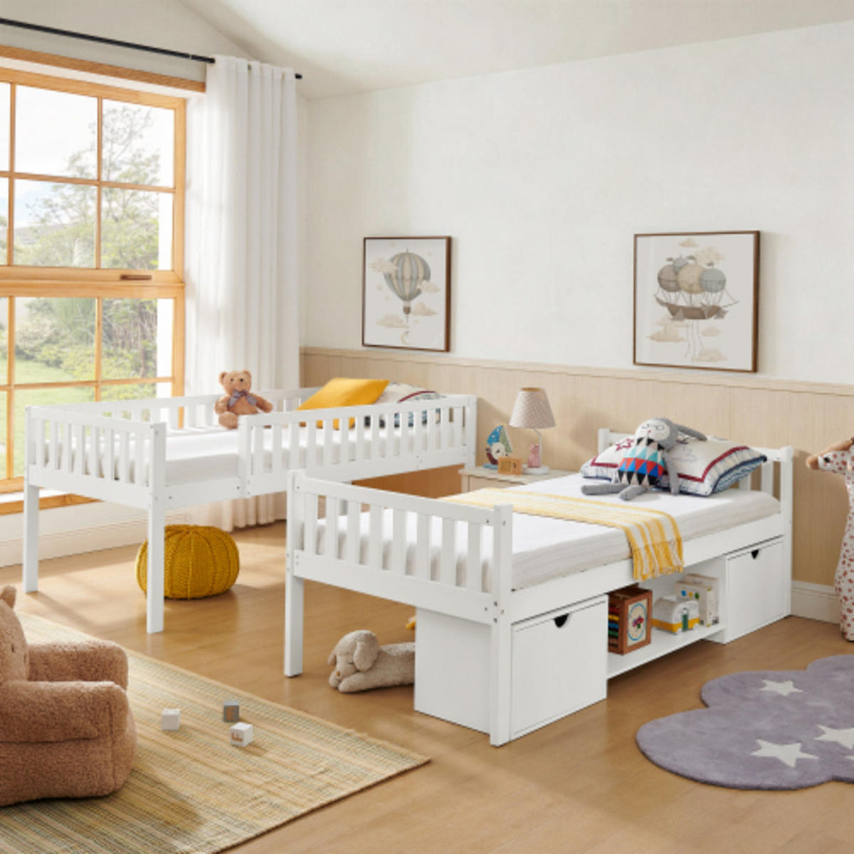 ETAGENBETT 2-in-1 90×200 cm aus Massivkieferholz mit Schubladen & Sicherheitsgeländer, weiß - Weiß, Textil - Luhomfu