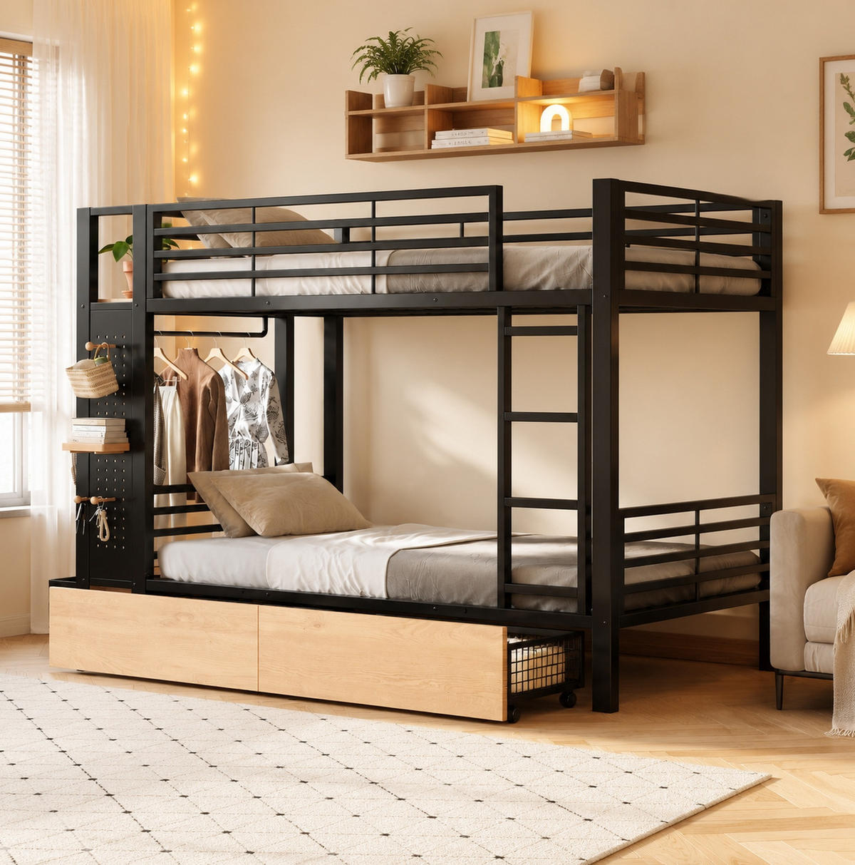 ETAGENBETT aus Metall und MDF 90x200 cm Schwarz mit LED-Beleuchtung, Schubladen und Stauraum - Schwarz, Holzwerkstoff (90/200cm) - Modfu