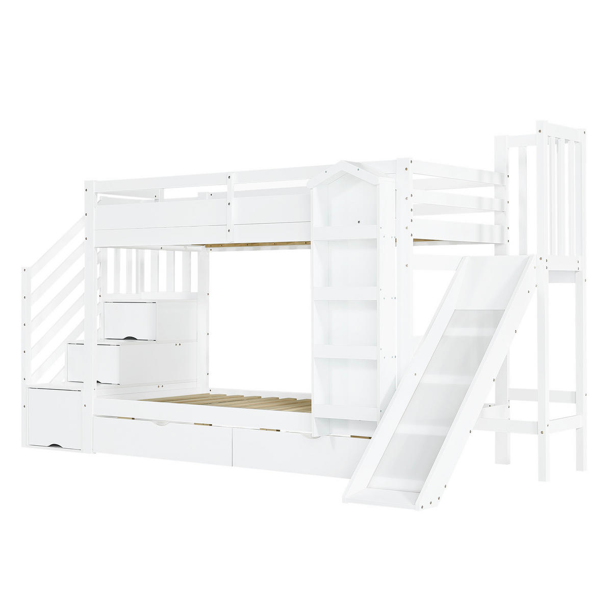 PALANDA 90/200 cm s knihovnou, 2 zásuvkami, skluzavkou a schodištěm, masivní dřevo/MDF, Bílá - bílá, dřevo (90/200cm) - Redom