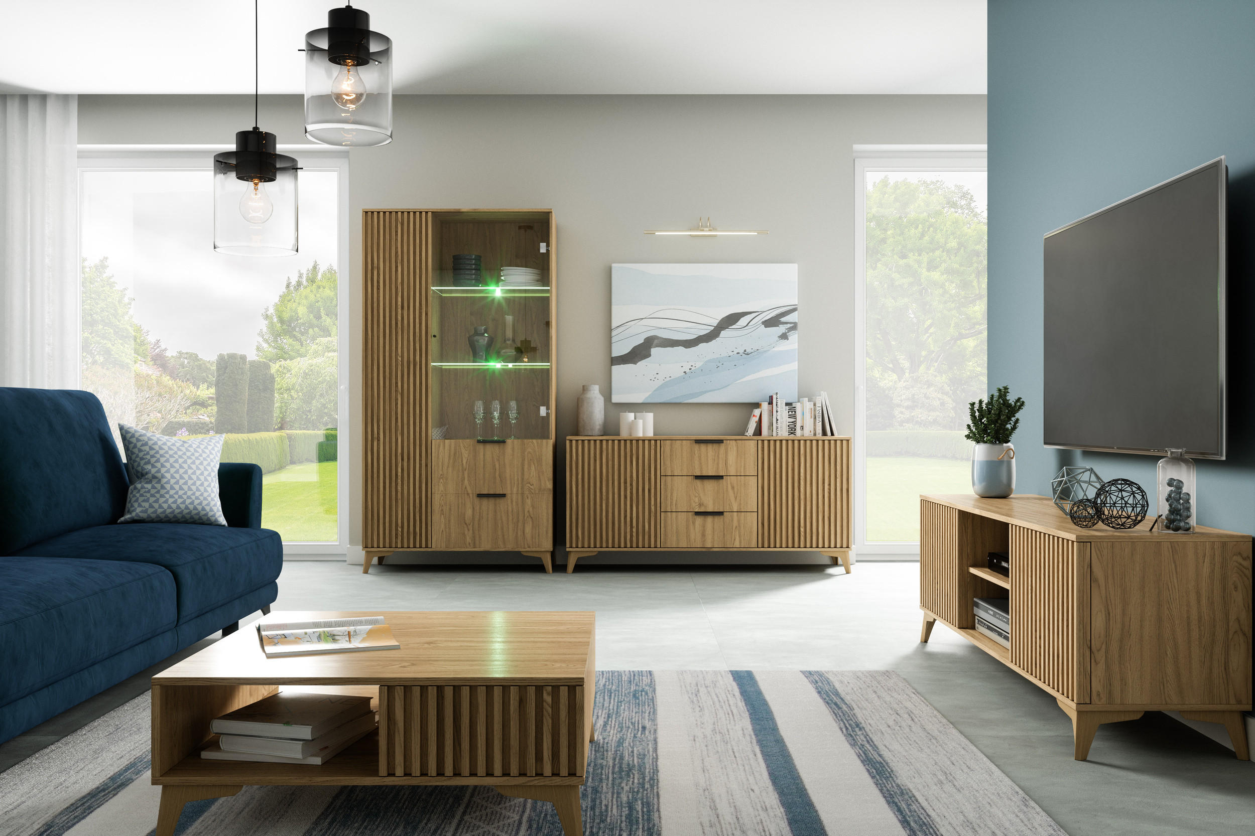 Thumbnail - Möblo Vitrine, Eiche Artisan, Holzwerkstoff, 2 Schubladen, 100x180x60 cm, Wohnzimmer, Wohnwände, Vitrinenschränke