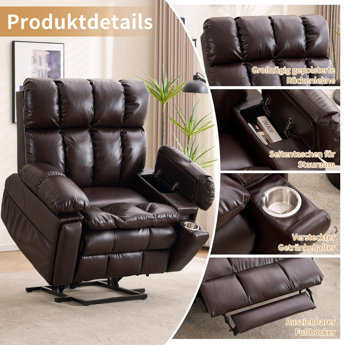 ELEKTRISCHER Fernsehsessel in Braun 107x109x109 cm mit Aufstehhilfe, Massage und Heizung - Braun, Textil (109/109/107cm) - IVMEU