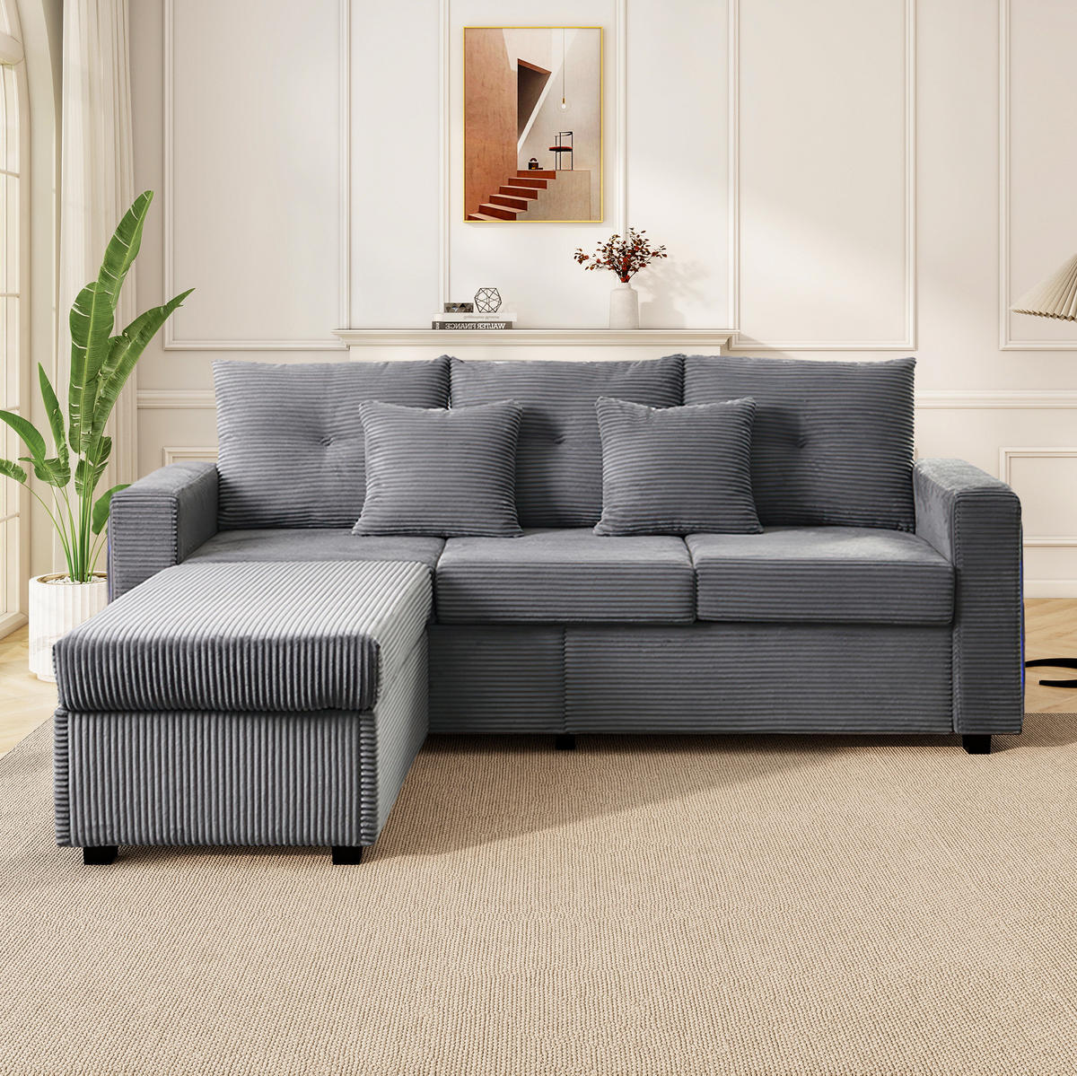 SOFA mit LED und Ottoman L-Form Cord Antique Gray 5-Kissen-Set - Grau, Kunststoff (184/85.5/84.5cm) - Meubliv