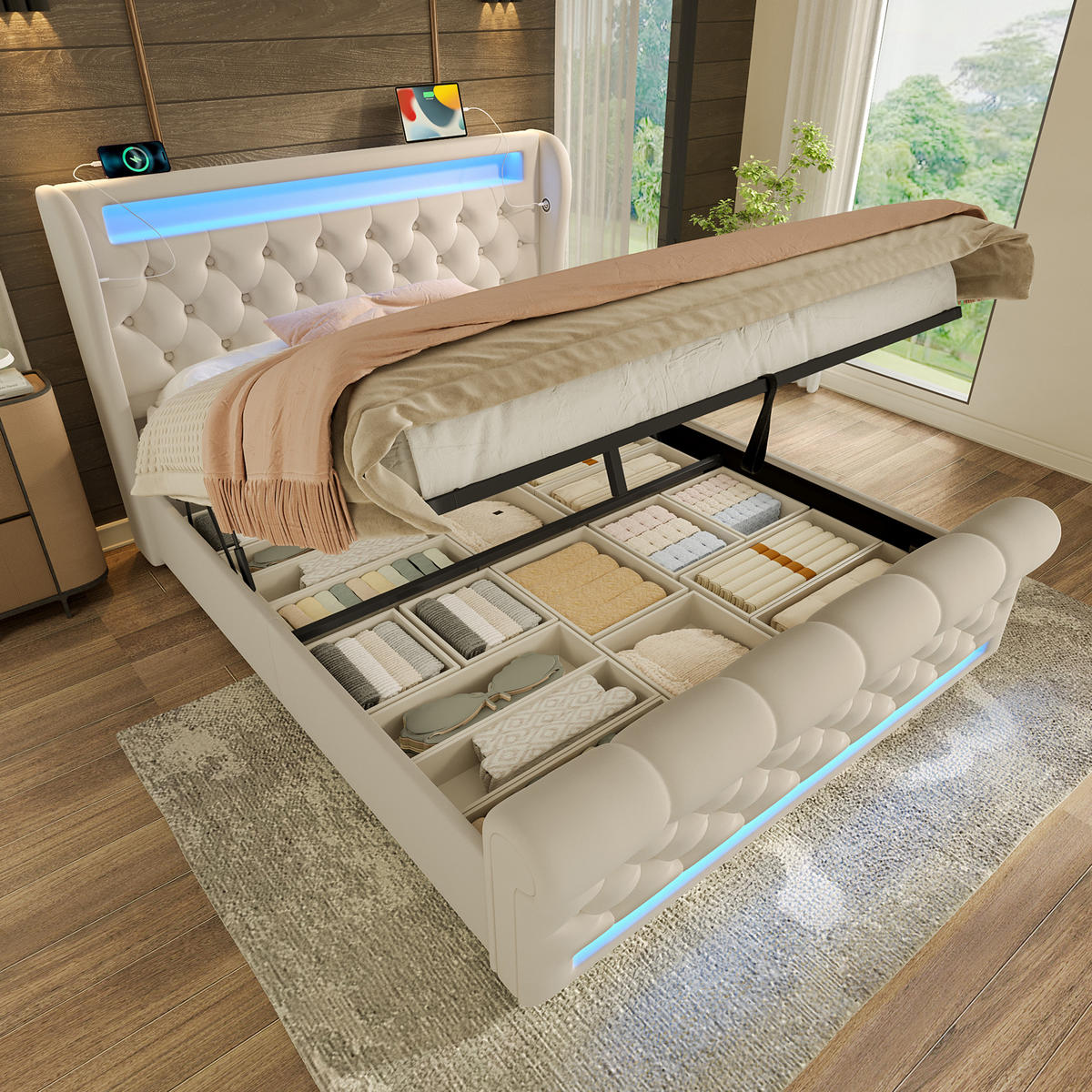 POLSTERBETT 160x200cm Doppelbett LED USB-C & Hydraulik Stauraum Beige Samt - Beige, Holz (160/200cm) - FLIEKS