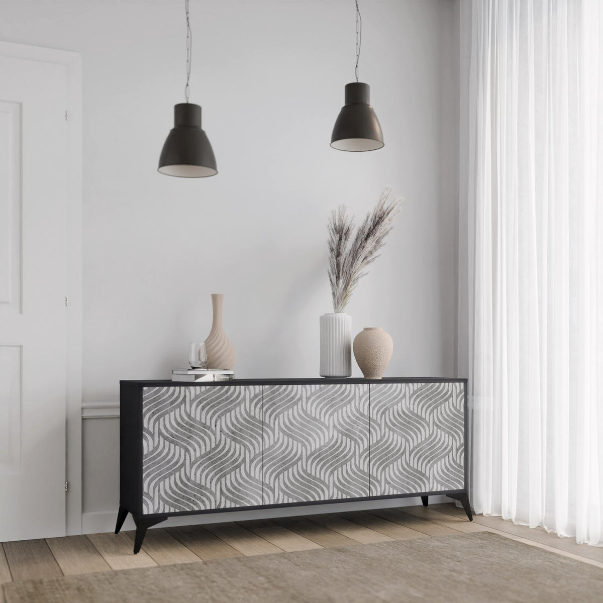 SIDEBOARD CONCRETE MOVEMENT, Eicheneffekt, 164,5x42x77,5 cm, 3 Türen - Eichefarben/Buchefarben, Holzwerkstoff/Buchenholz (164.5/77.5/42cm) - SpaceRebels