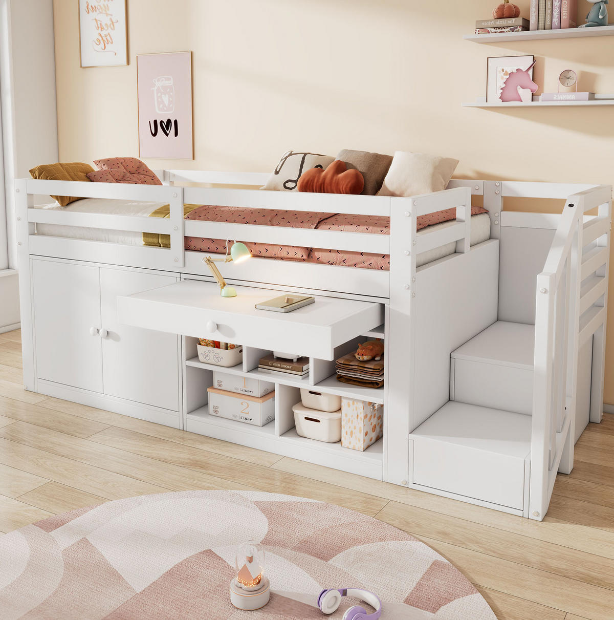 KINDERBETT 90/200 cm mit Treppe, Stauraum und Schreibtischfunktion, Massivholz, Weiß - Weiß, Holz (90/200cm) - Redom
