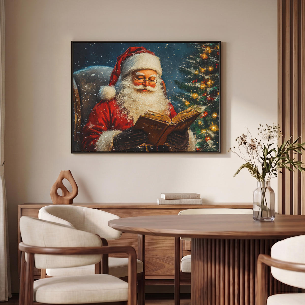LEINWAND Bilder mit Rahmen - Weihnachtsmann - Weihnachten - Winter - Weihnachtsbaum - 100x70 - Bordeaux, Textil (100/70cm) - MuchoWow