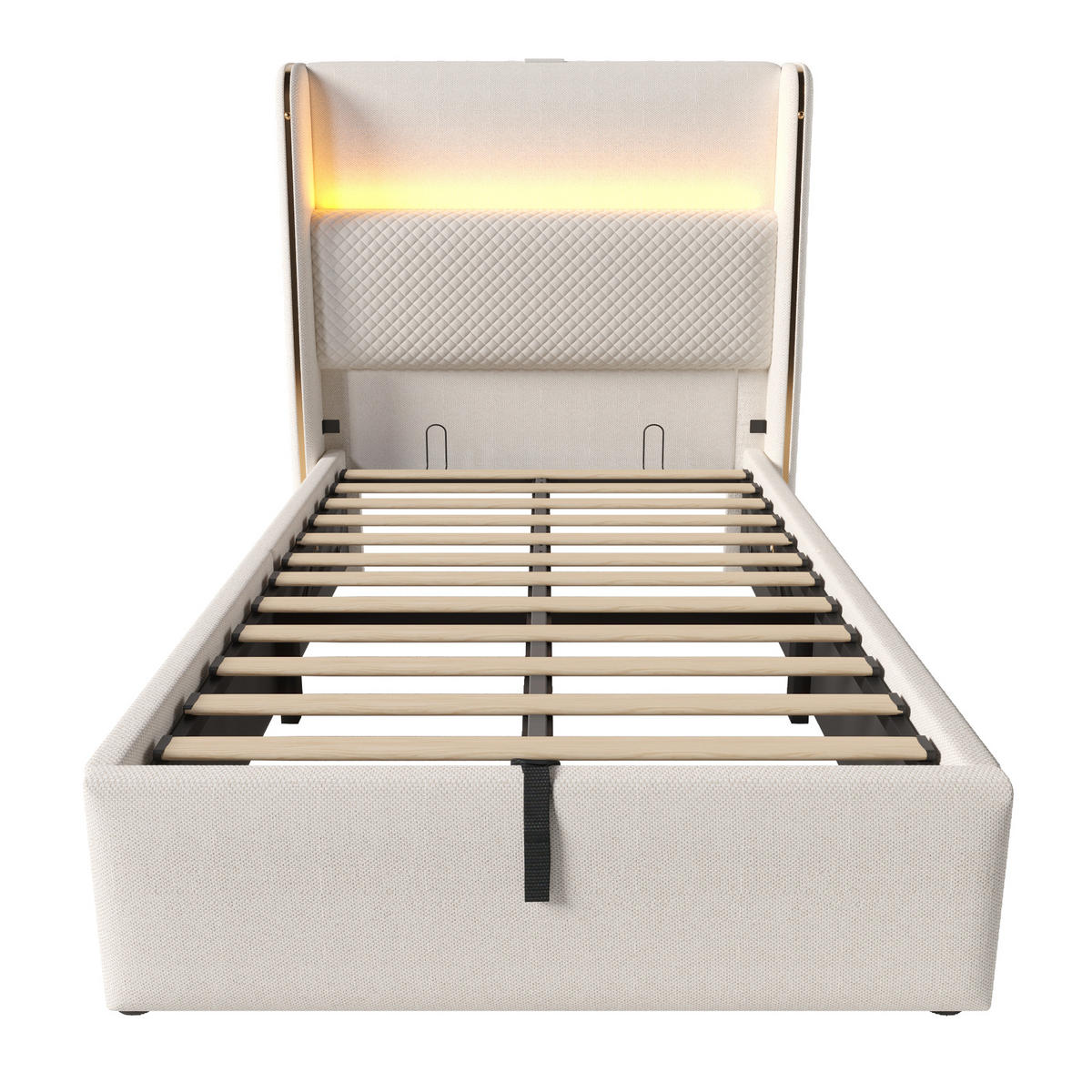 BETT Hydraulisches 90/200 cm Beige mit LED-Beleuchtung und Stauraum - Beige, Textil (90/200cm) - OKWISH