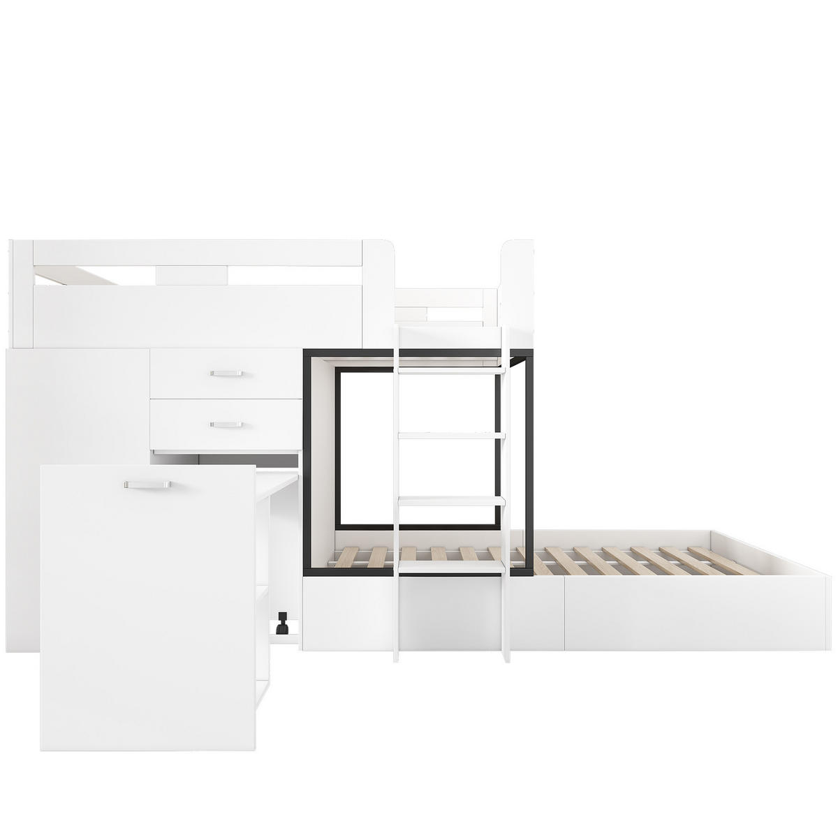 ETAGENBETT 90/200 cm mit ausziehbarem Schreibtisch, Garderobe, Schubladen und Regalen aus MDF, Weiß, Schwarz - Weiß, Holzwerkstoff (90/200cm) - Redom