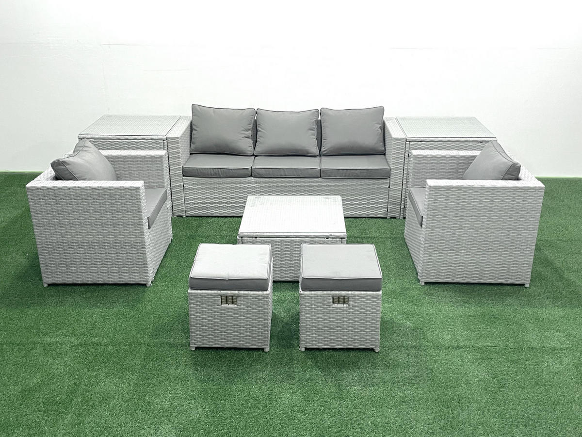GARTENMÖBEL-SET mit Kissen Polyrattan Hellgrau-Mix 7-Sitzer - Hellgrau/Grau, Glas/Kunststoff - Fimous