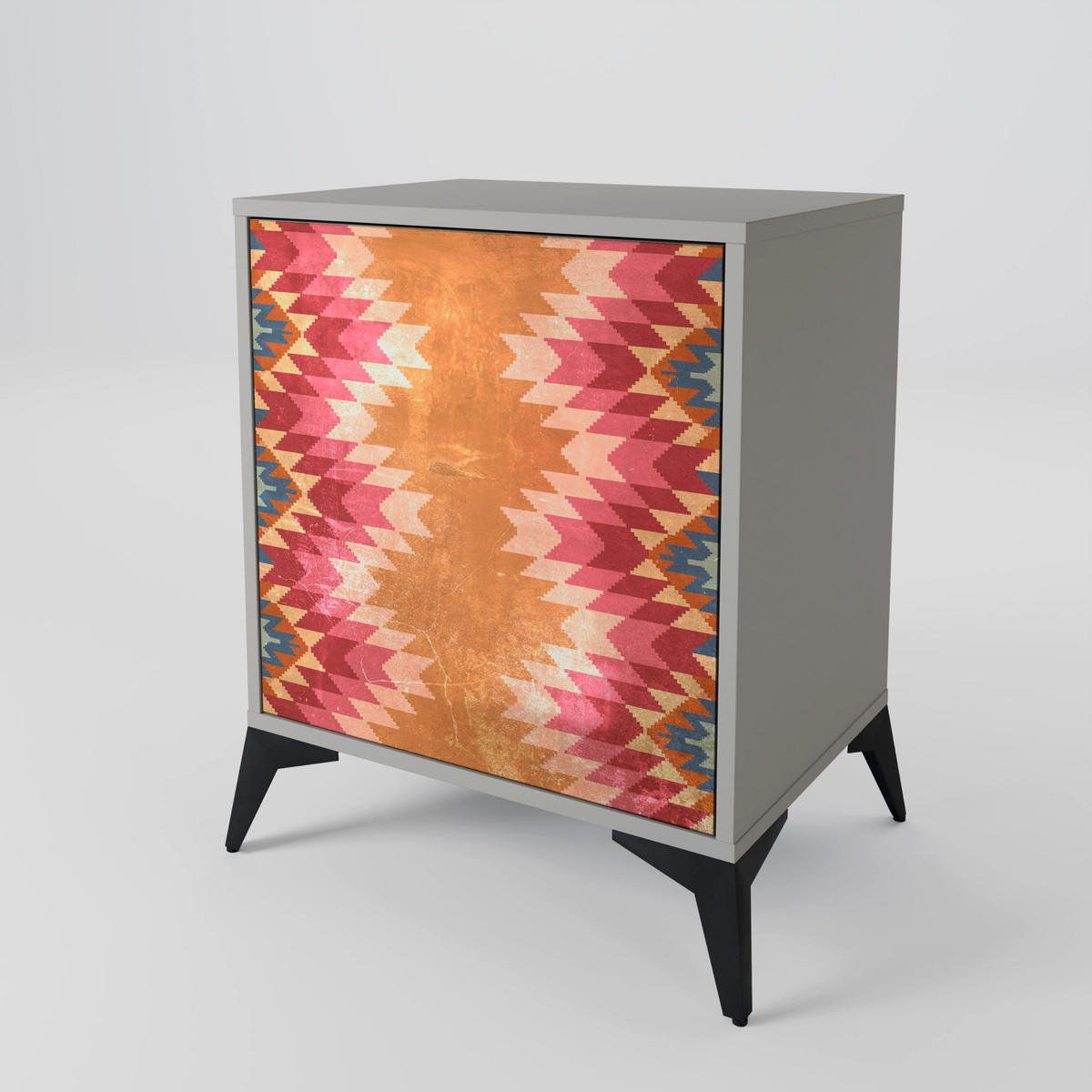 SIDEBOARD INDIAN FOLK, Grau, 57,5x42x75,5 cm, Goldfarbene Metallfüße - Goldfarben/Multicolor, Holzwerkstoff/Metall (57.5/75.5/42cm) - SpaceRebels