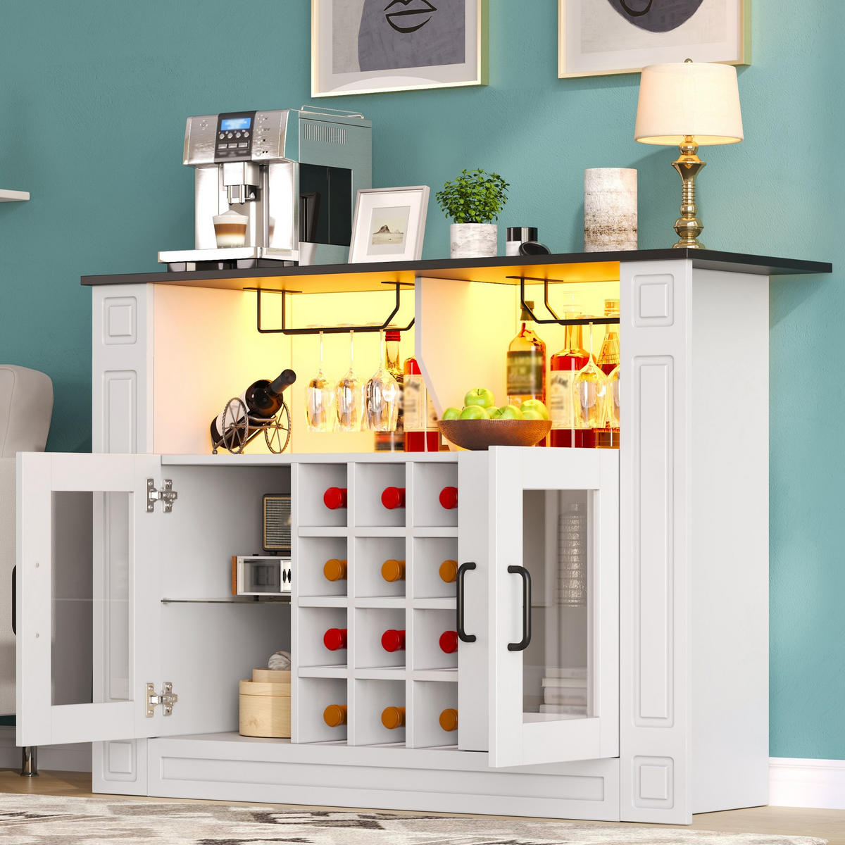 WEINSCHRANK DE-38730 120/35/84 cm LED-Beleuchtung und 12 Weinfächer Weiß - Weiß, Holzwerkstoff (120/84/35cm) - ComfortXL