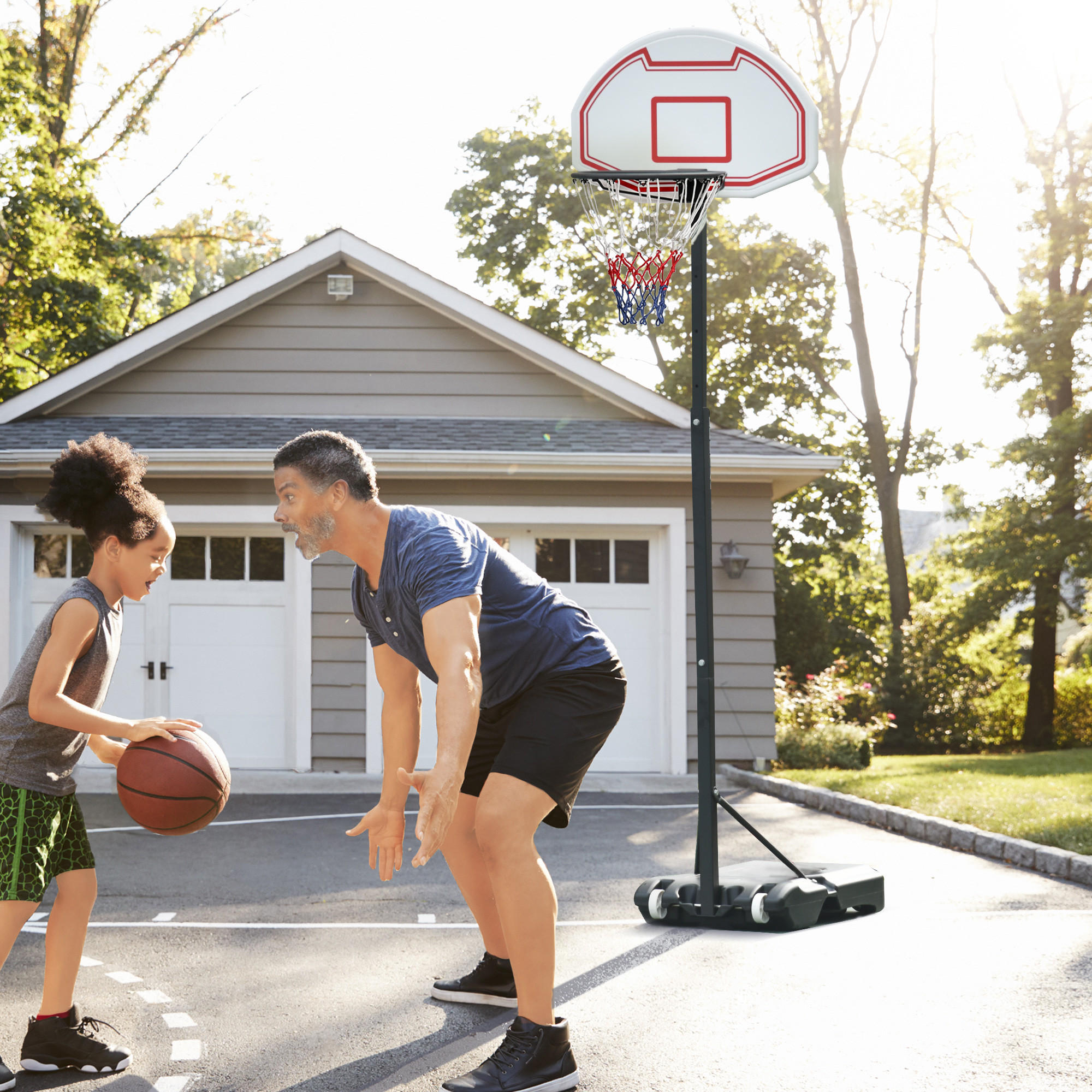 BASKETBALLKORB, Stahl, Schwarz / Rot / Weiß, 73L x 49B x 194-249H cm - Rot/Weiß, Metall (49/73cm) - HOMCOM