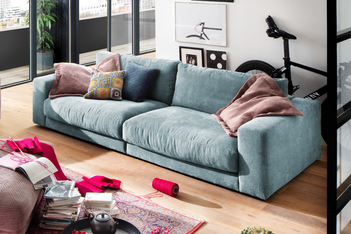SOFA 3-SITZER MADELINE Hellblau Cord - Schwarz/Hellblau, Textil (290/85/127cm) - KAWOLA