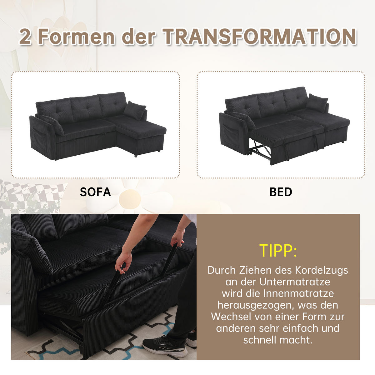 ECKSCHLAFSOFA Cord modular mit Stauraum Schwarz 206/108/66 cm - Schwarz, Textil (108/206cm) - Redom