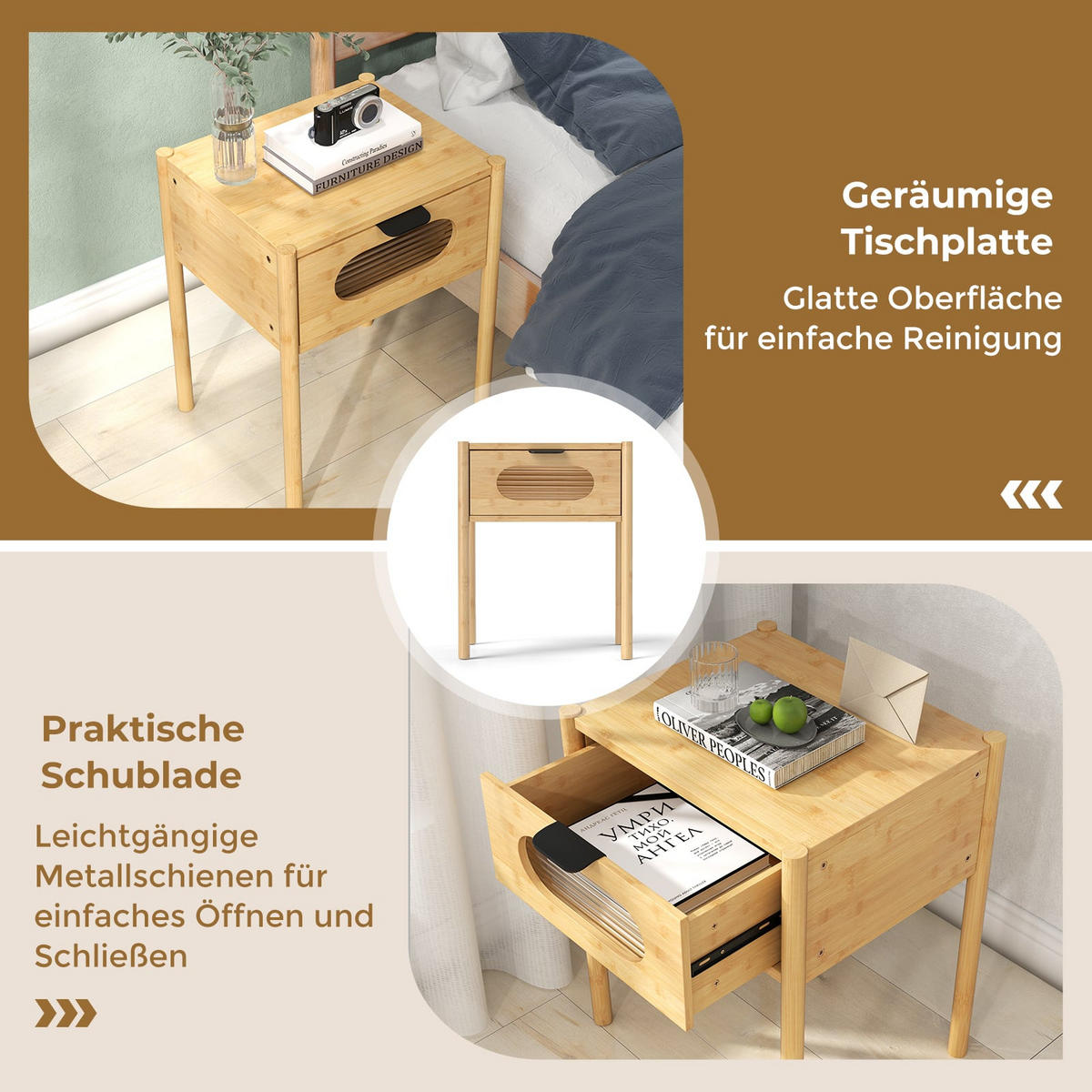 NACHTTISCH mit Schublade aus gehärtetem Glas, Natur - Naturfarben, Naturmaterialien/Holzwerkstoff (40/50.5/40cm) - DESIGN IN
