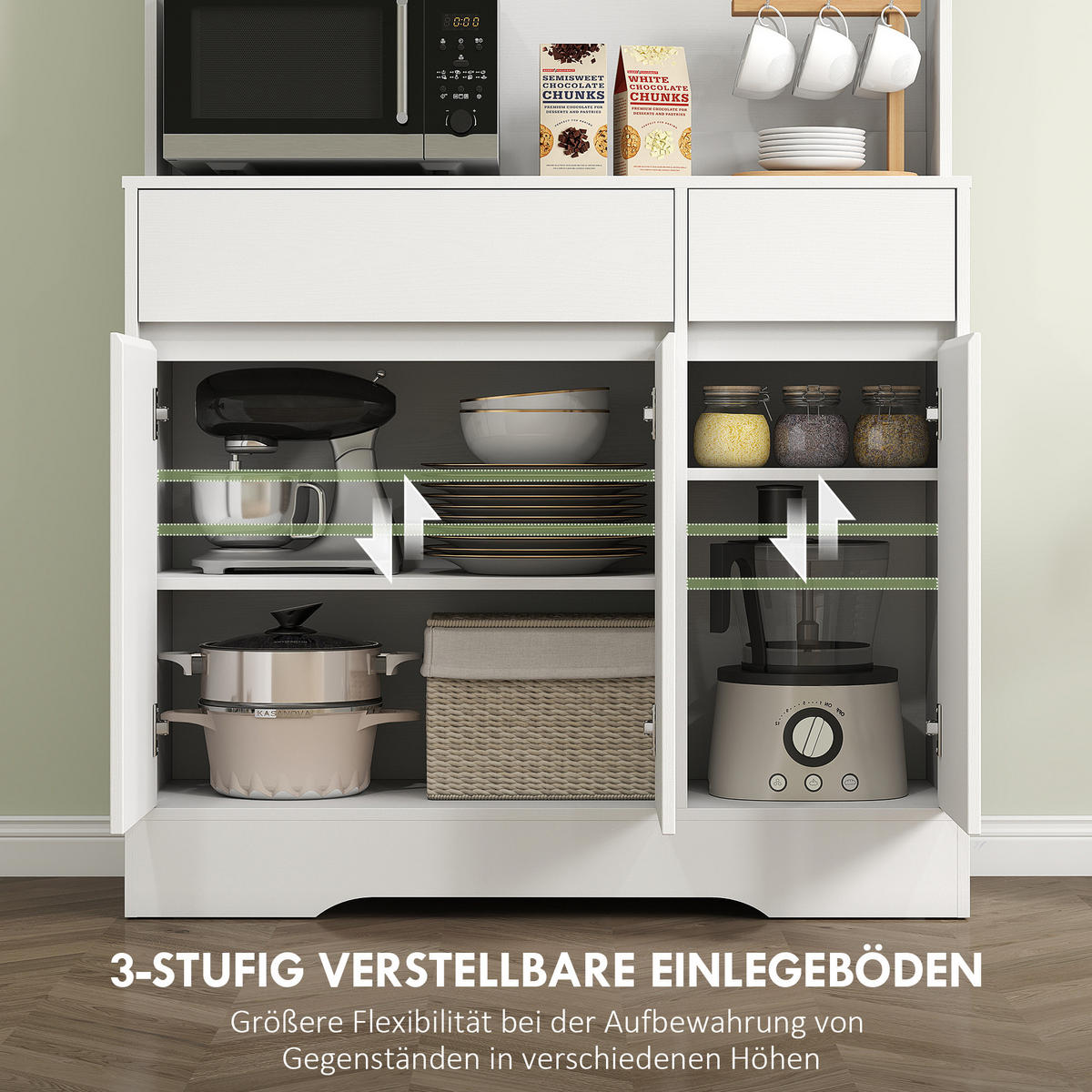 KÜCHENSCHRANK Buffetschrank mit Arbeitsplatte, 6 Türen, Kabellöchern, Weiß - Weiß, Holz (38/180/100cm) - HOMCOM