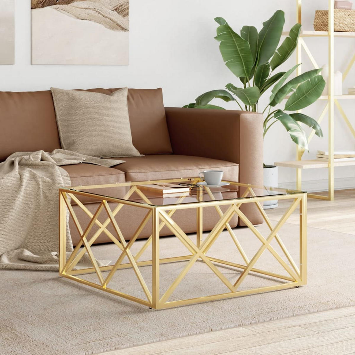 COUCHTISCH 80x80x40 cm Edelstahl und Glas - Goldfarben, Metall (80/80/40cm) - furnicato