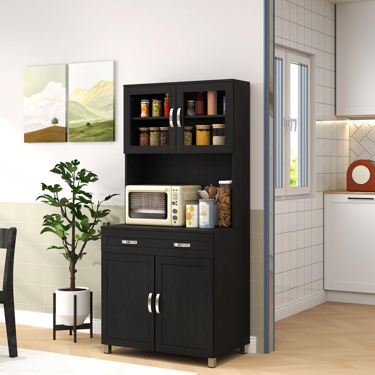 BUFFET DE-11309 4 Türen & Schublade mit Arbeitsplatte Schwarz - Schwarz, Holzwerkstoff (121.92/431.8/203.2cm) - ComfortXL